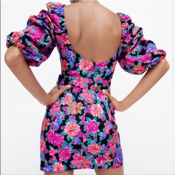 ZARA | BLOGGER‎ FAVE Floral Print Belted Puff Sleeve Square Neck Mini Dress - Picture 2 of 9